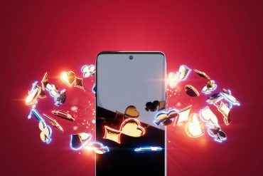 Creative background, casino paraphernalia flying around the smartphone, chips dice dice cards. Online casino concept, gambling on the internet. 3D render, 3D illustration, Copy space, template